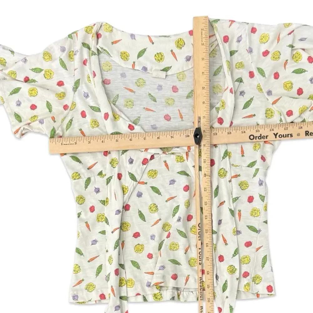 Vintage Tie Front Ivory Vegetable Print Carrot Tomato Peas Lettuce Tee size S - Picture 9 of 10